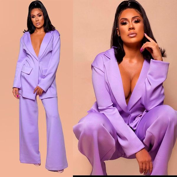 Fashion Purple Leisure Mãe dos ternos da noiva para casamento 2022 Mulheres Sexy Loose Wear Troushers Definir 2 peças