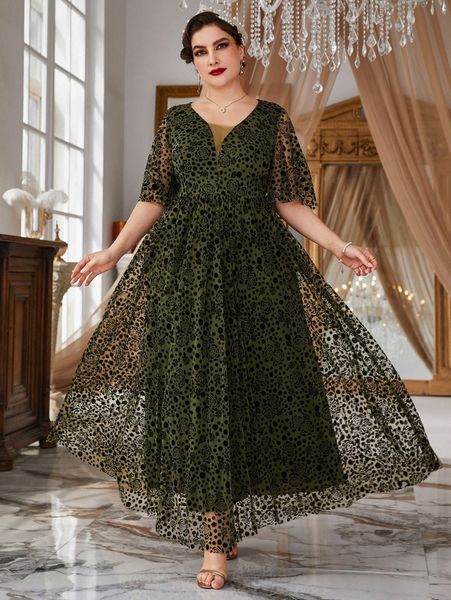 

plus polka dot & floral print butterfly sleeve mesh maxi dress p0k7#, Black