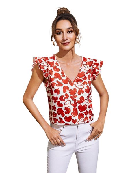 

v-neck butterfly sleeve allover heart print g4oi#, White