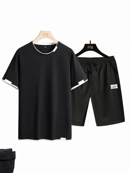 

men 2 in 1 tee & patch detail shorts 29o7#, Gray