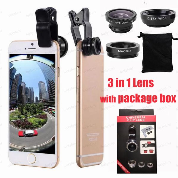 Evrensel 3 Arada 1 Geniş Açılı Makro Fisheye Lens Kamera Cep Telefonu Lensler Balık göz Lentes İPhone 6 için 7 Akıllı Telefon Mikroskobu Perakende Paket Kutusu