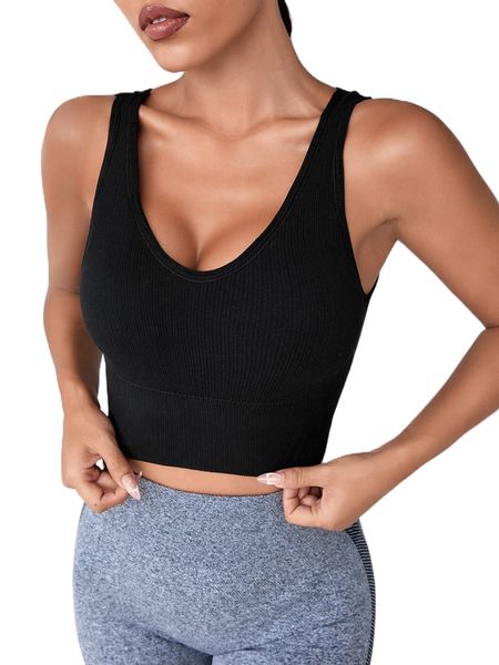 

solid backless ribbed knit sports bra y8ii#, Gray