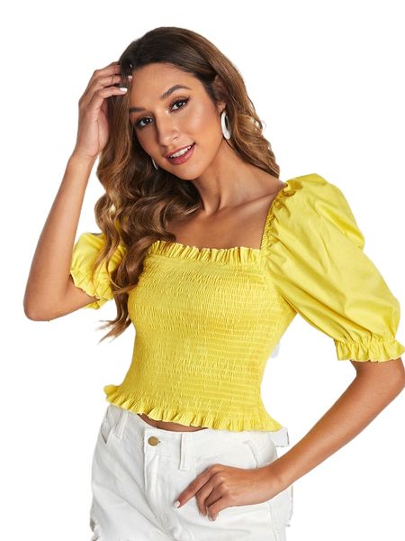 

shirred puff sleeve crop blouse c0gq#, White