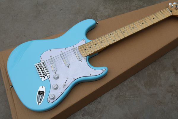 

sky-blue electric guitar with sss pickups,white pickguard,maple fretboard,chrome hardware,provide customized services