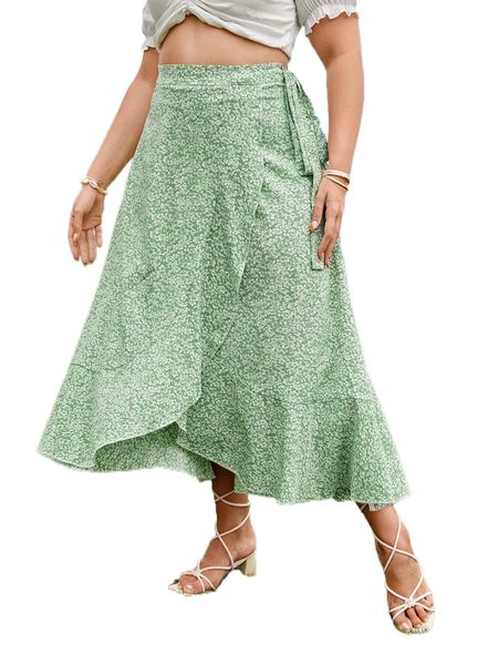 

plus ditsy floral ruffle trim tie side wrap skirt l56o#, Black