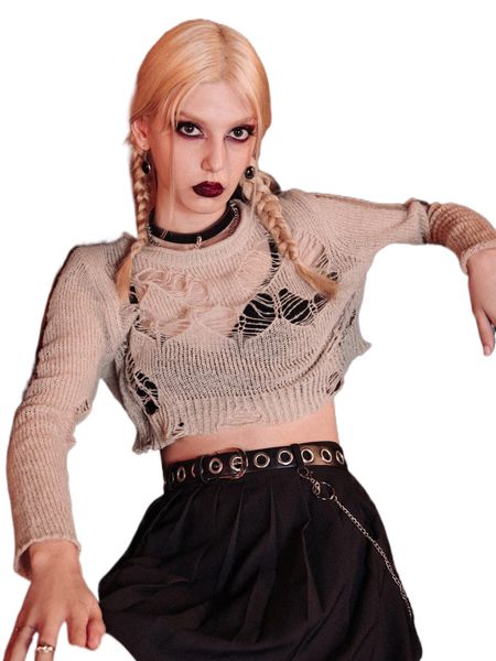 

romwe dark academia solid distressed crop sweater b9w5#, White;black