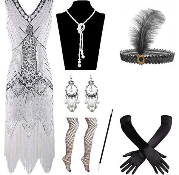 1920er-Jahre-Kleid für Damen, Gatsby-Thema, Kostümparty, sexy Flapper-Kleider mit Pailletten und Fransen, Netzstrumpf, Stirnband, Handschuhe, Ohrringe, Halskette, Zigarettenspitze, Set Plus