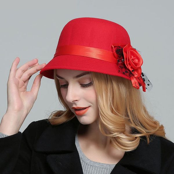 

women flower wool hats felt fedoras with brim vintage elegant ladies warm bucket hat autumn winter female cap, Blue;gray