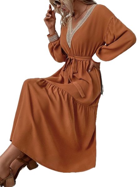 

guipure lace insert drop shoulder belted dress t6h2#, Black;gray