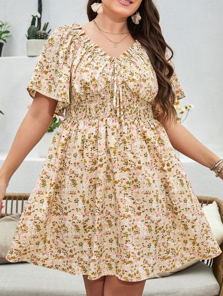 

plus ditsy floral shirred waist butterfly sleeve dress 99y0#, Black
