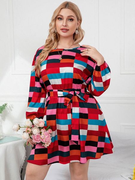 

plus geo print colorblock lantern sleeve belted dress 49as#, Black
