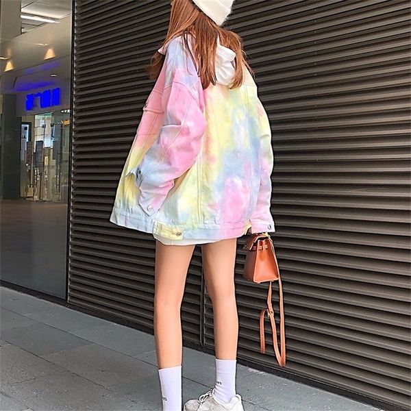 

women's knits & tees couple's tie dyed color gradient denim jacket men's and women's ins trend washed korean rfpa, White