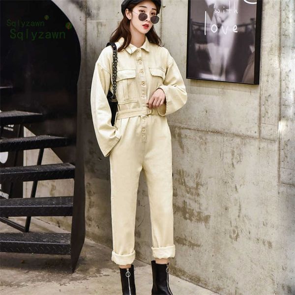 100% Baumwollfrauen Streetwear Khaki Denim Jumpsuit Retro Long Sleeve Loose Jean Overalls mit Gürtel Weitbein Frachthosen ROMPER 210709