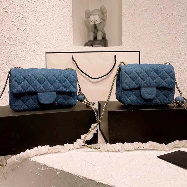 

18cm/20cm luxury flap denim designer bags blue cowboy mini classic handbags gold-tone metal chains golden ball adjuster crossbody shoulder b