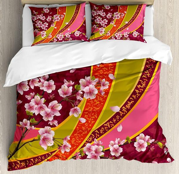 Set di biancheria da letto Set di fiori per camera da letto Letto Casa Sfondo orientale Fiore di sakura Copripiumino di ciliegio giapponese Trapunta e federaBiancheria da letto