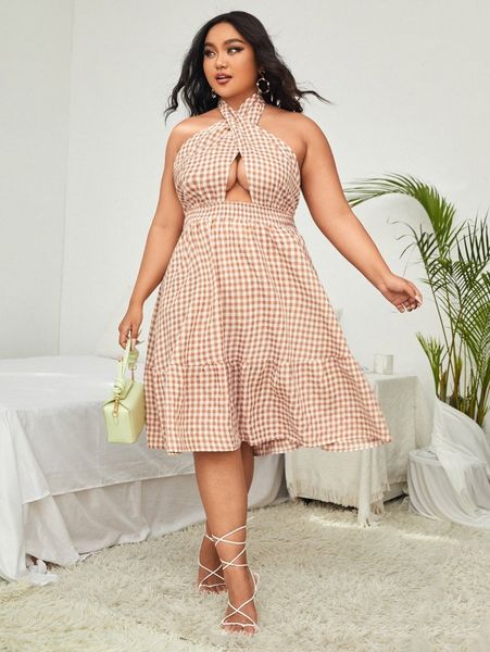 

plus gingham cut out backless halter neck ruffle hem dress t504#, Black