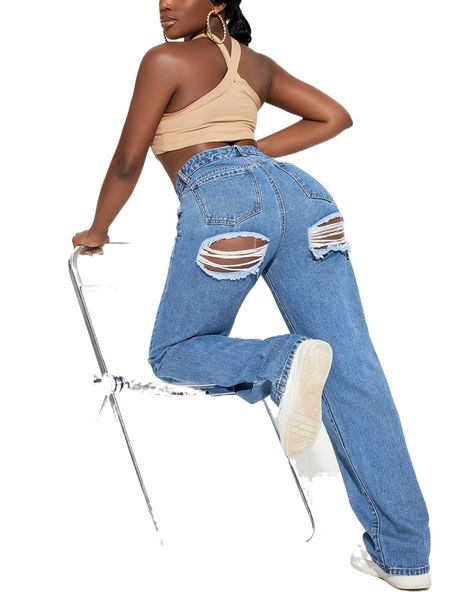 

sxy high waist ripped wide leg jeans z2lz#, Blue