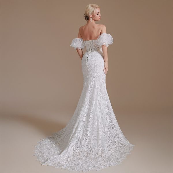 Glamorous Designer Mira Zwillinger Abiti da sposa a sirena Sheer Off spalla Abito da sposa Applique in pizzo Perla Paillettes Lunghezza pavimento Abiti da sposa Vestidos