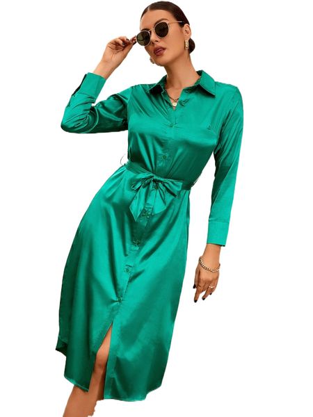 

button front belted satin dress 26v6#, Black;gray