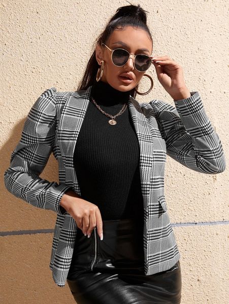 

sxy glen plaid gigot sleeve blazer 41a3#, White