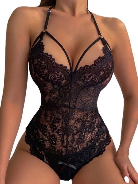 

floral lace scalloped crotchless teddy bodysuit f2nm#, Black;red