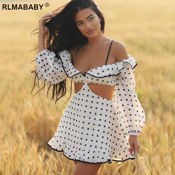 

off shoulder long sleeve hollow out polka dot sweet mini dress women slim spaghetti strap ruffles spring summer short dress, Black;gray