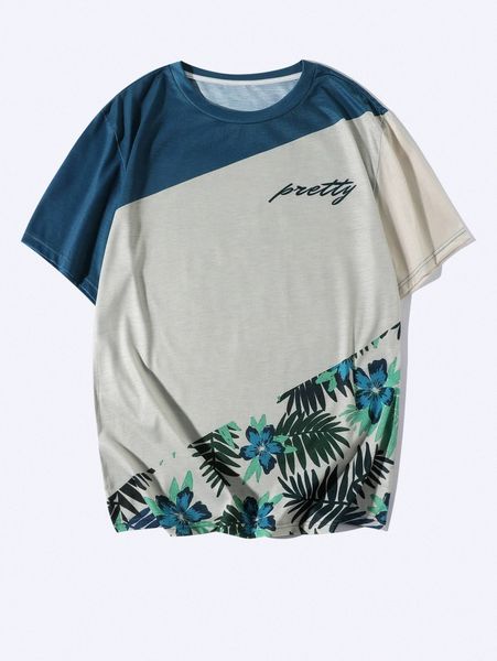 

men letter & tropical print colorblock tee v71h#, White;black