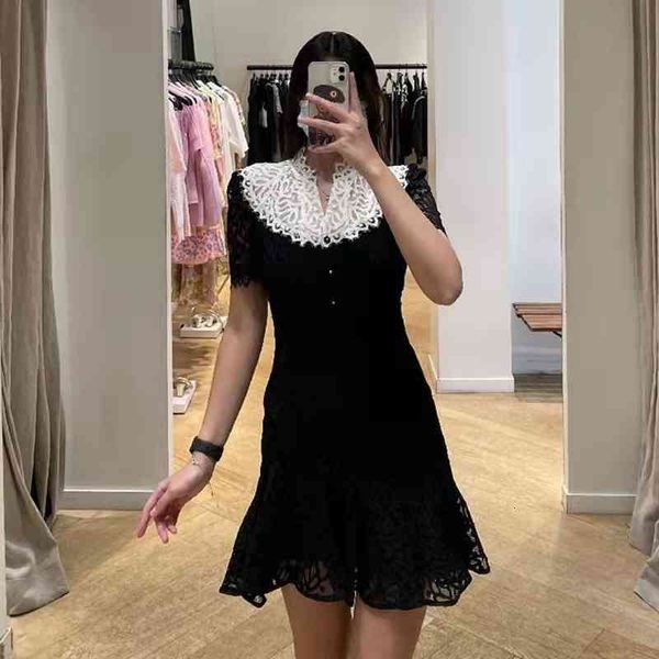 

fadan s's spring and summer 20 sweet v-neck black white lace hollow stitching medium length dress, Black;gray