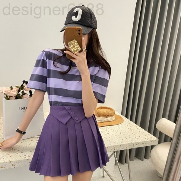 

two piece dress designer sp original striped bubble sleeve round neck pullover t-shirt + high waist pleated skirt aging suit fashion ah2c, White