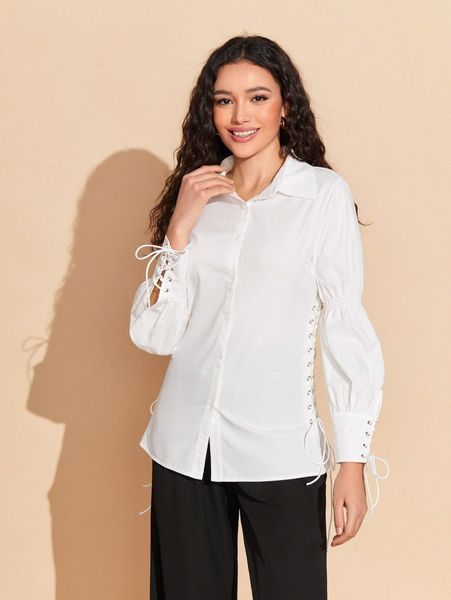 

x raven moxon lace up button front blouse m1t8#, White