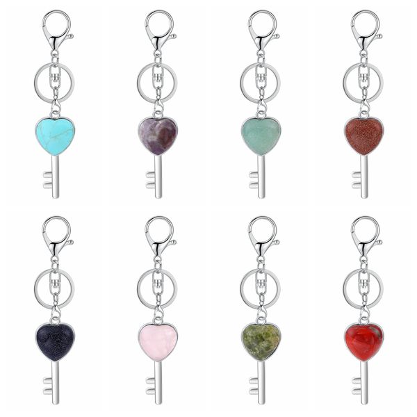 

women key shape pendant keychain for bag car natural love heart gemstone lucy lock crystal men healing chakra cute keyring, Slivery;golden