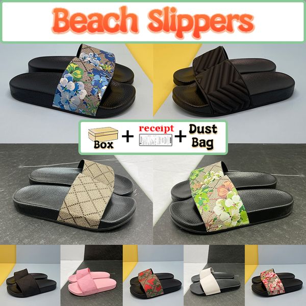 

with box men women fashion slippers luxury slides summer flat slipper trendy leather rubber sandal mens beach slide us 5-11.5, Black