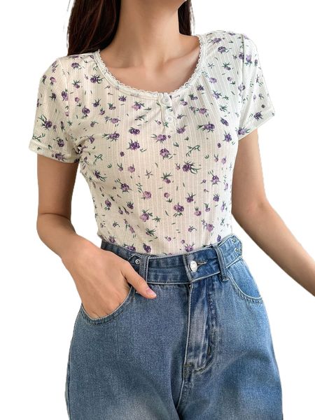 

dazy ditsy floral contrast lace half button tee g3w4#, White