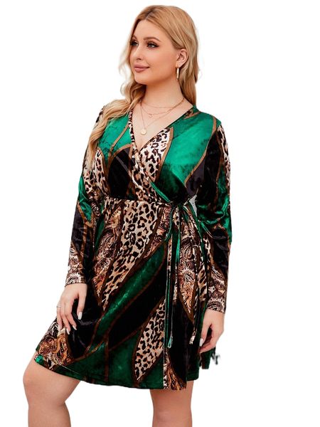

plus leopard and paisley print knot side wrap velvet dress 07d0#, Black