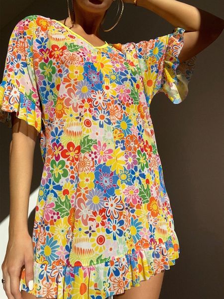 

floral ruffle hem cover up u05p#, White;black