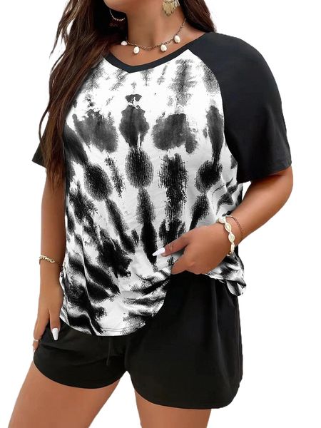 

plus tie dye raglan sleeve tee & shorts m5fp#, Black