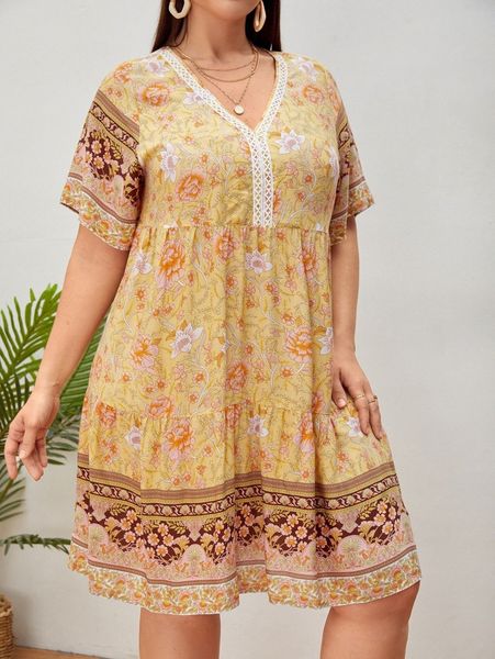 

plus floral print guipure lace detail ruffle hem smock dress 06nt#, Black