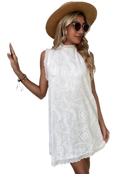 

keyhole back frill trim eyelet embroidery dress h96b#, Black;gray