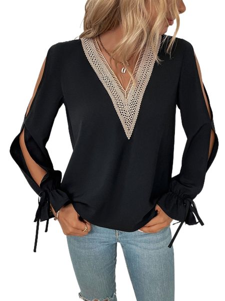 

contrast guipure lace tie cuff slit flounce sleeve blouse s8q1#, White