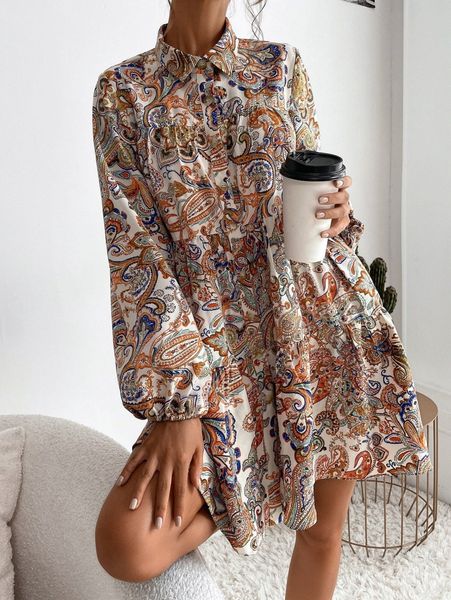 

paisley print babydoll dress a6nn#, Black;gray