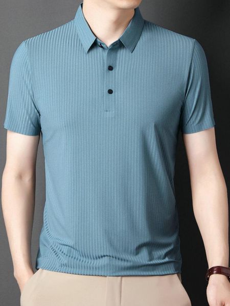 Polo da uomo Camicie a righe verticali nere blu scuro per uomo Casual elegante Colletto rovesciato Manica corta Top di base Abbigliamento estivo maschile PolosUomo