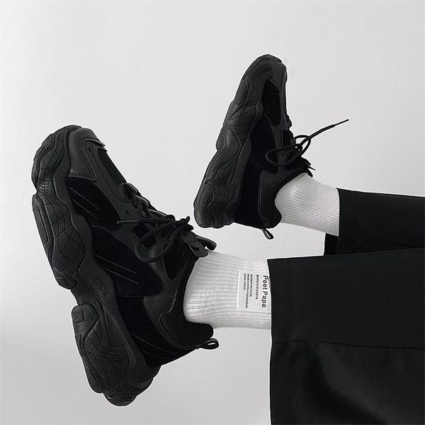 

men winter sneakers chunky platform lace up casual shoes lace up rubber wedge heel dad 220813, Black
