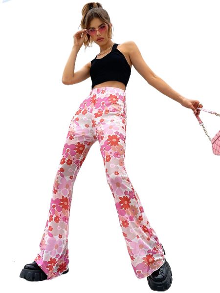 

allover floral print flare leg pants z2eb#, Black;white