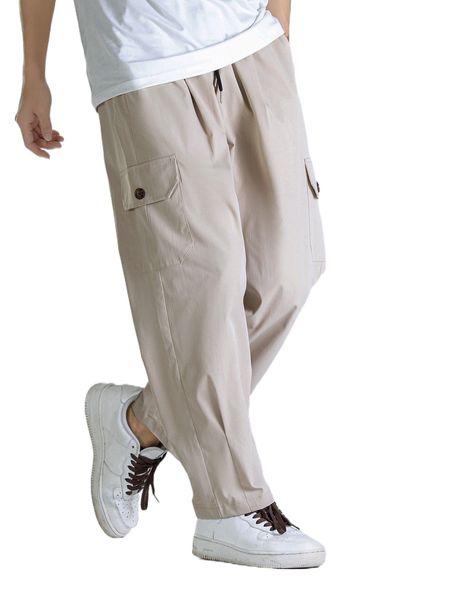 

men flap pocket side drawstring waist cargo pants t1jt#, Black