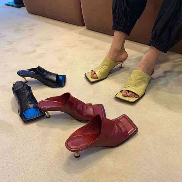 

sandals b european and american v square head leather thin middle heel sandals women's open toe soft semi slippers spring line t5vi, Black