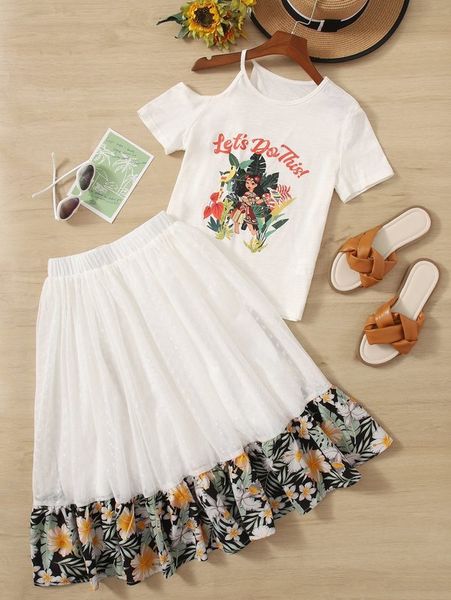 

girls figure and tropical print asymmetrical shoulder & skirt set she, White