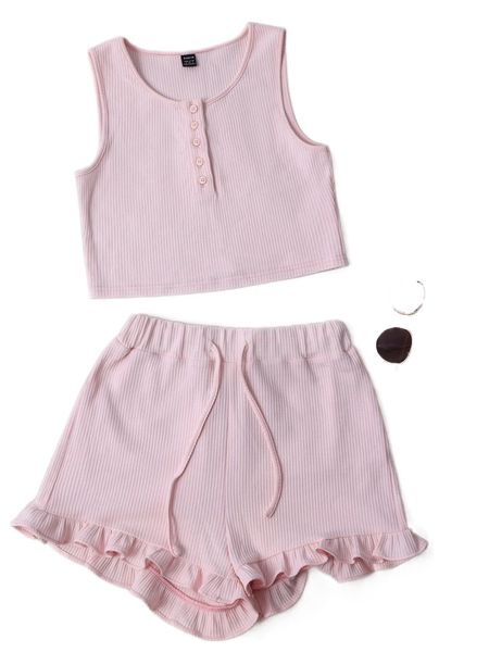 

half button tank & frill trim drawstring waist shorts i6mz#, White