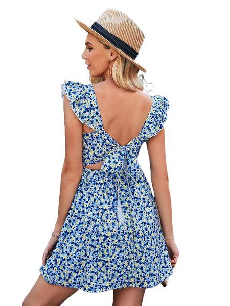 

ditsy floral tie back ruffle a-line dress 92ec#, Black;gray