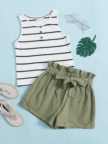 

girls striped tank & paperbag waist belted shorts set she, White