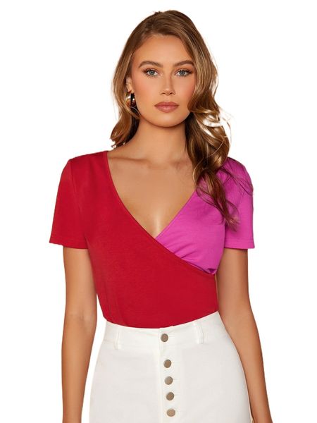 

plunging neck colorblock tee b15u#, White